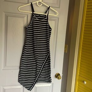 Cute racer back, body fitting, asymmetrical, navy and white striped dress